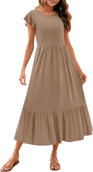 Womens Summer Casual Crewneck Swing Dress Casual Flowy Tiered Maxi Beach Dress with Pockets Dress