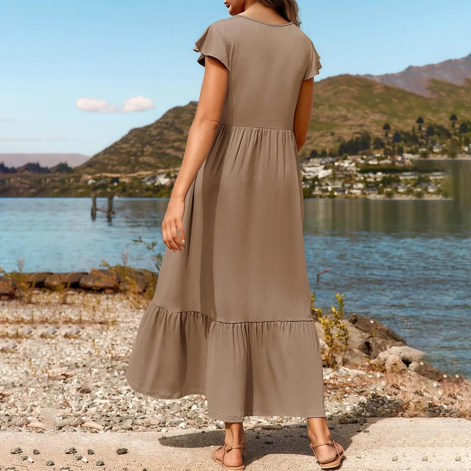 Womens Summer Casual Crewneck Swing Dress Casual Flowy Tiered Maxi Beach Dress with Pockets Dress