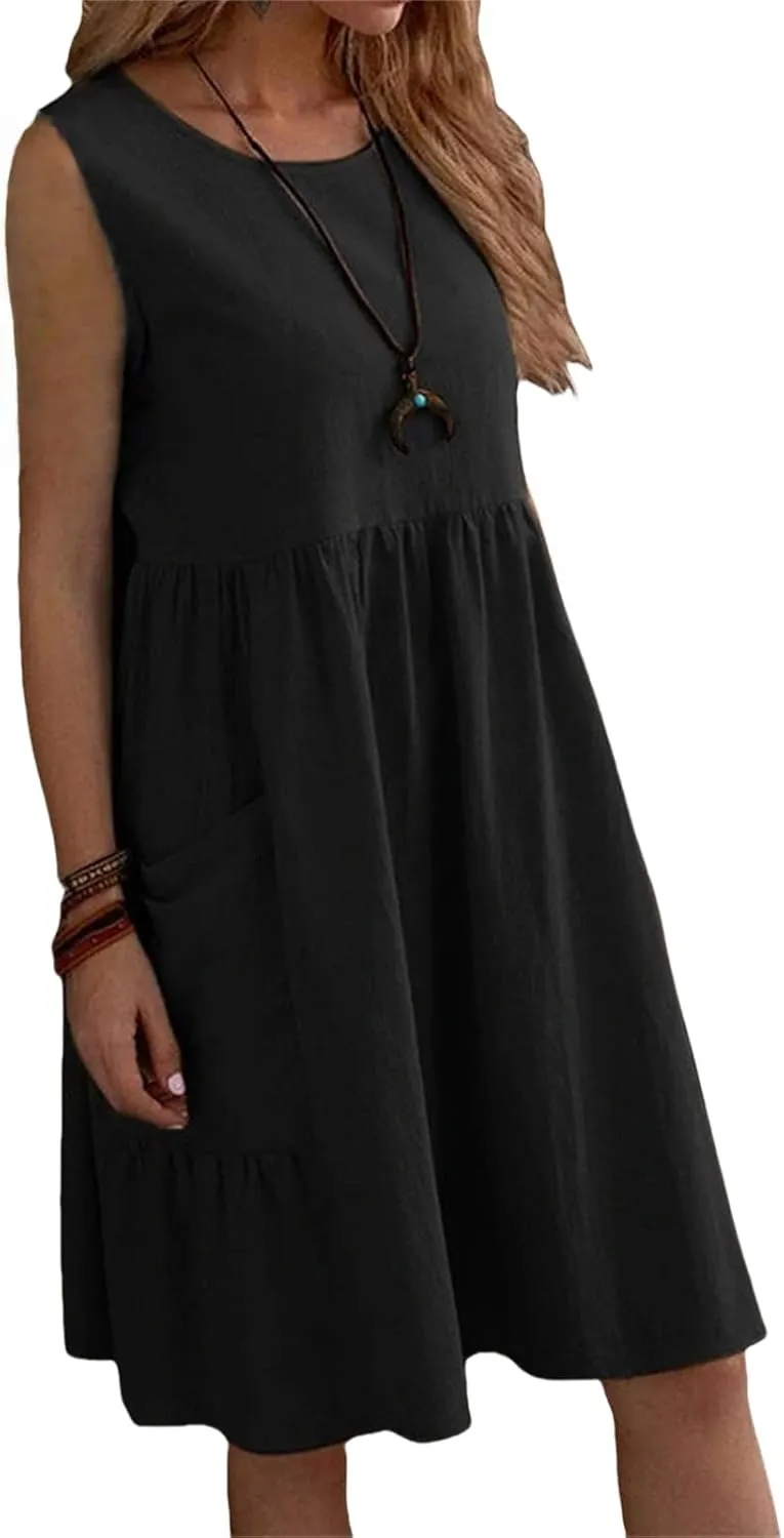 Womens Summer Casual Dresses Crewneck Sleeveless Maxi Dress Ruffle Hem Tank Dresses Tiered Swing A Line Beach Dress