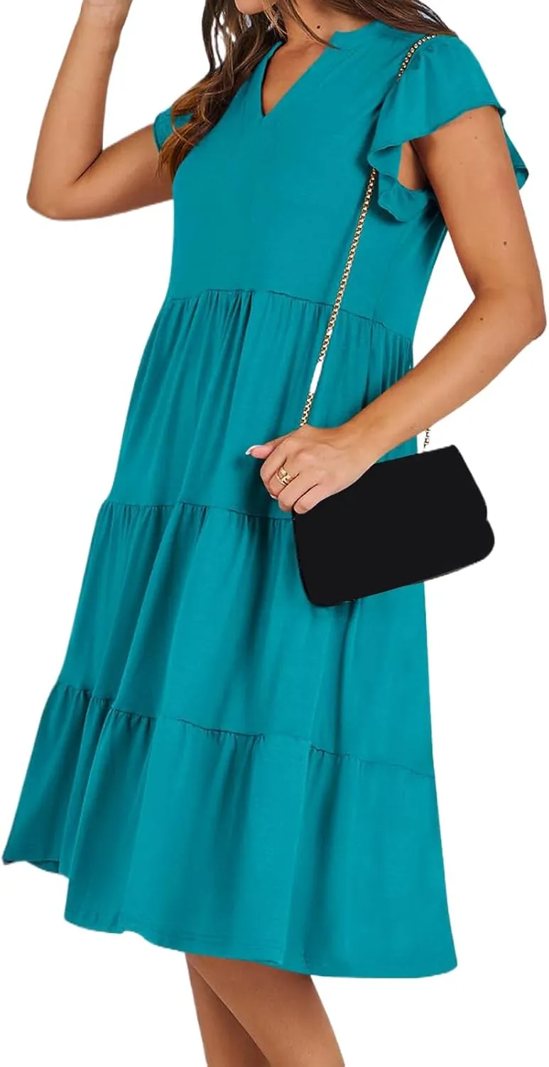 Women's Summer Casual Midi Dress V Neck Ruffle Sleeve Dresses Flowy Tiered Boho Beach Sundress with Pockets