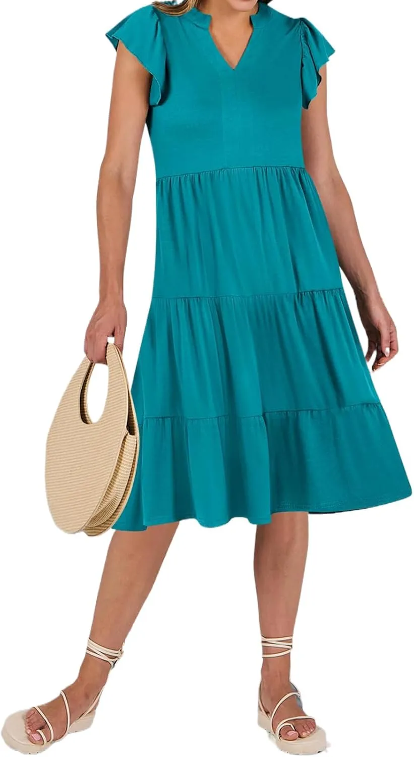 Women's Summer Casual Midi Dress V Neck Ruffle Sleeve Dresses Flowy Tiered Boho Beach Sundress with Pockets