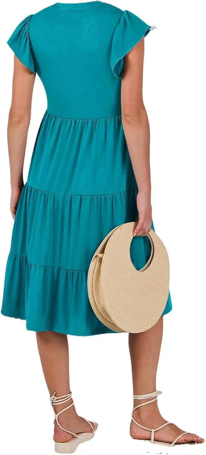 Women's Summer Casual Midi Dress V Neck Ruffle Sleeve Dresses Flowy Tiered Boho Beach Sundress with Pockets
