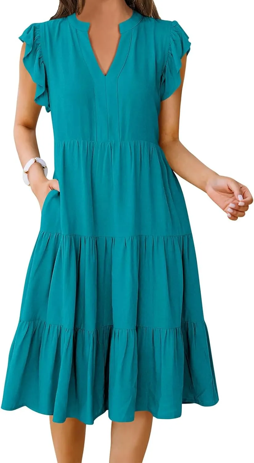 Women's Summer Casual Midi Dress V Neck Ruffle Sleeve Dresses Flowy Tiered Boho Beach Sundress with Pockets