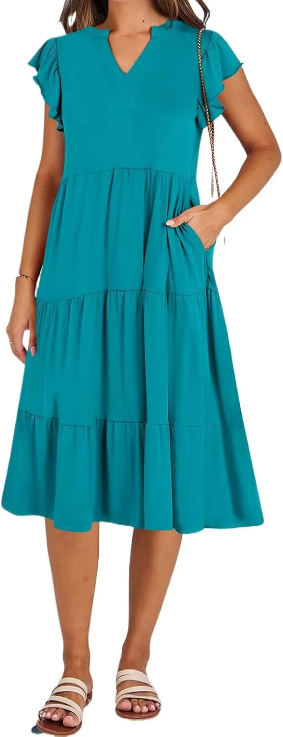 Women's Summer Casual Midi Dress V Neck Ruffle Sleeve Dresses Flowy Tiered Boho Beach Sundress with Pockets