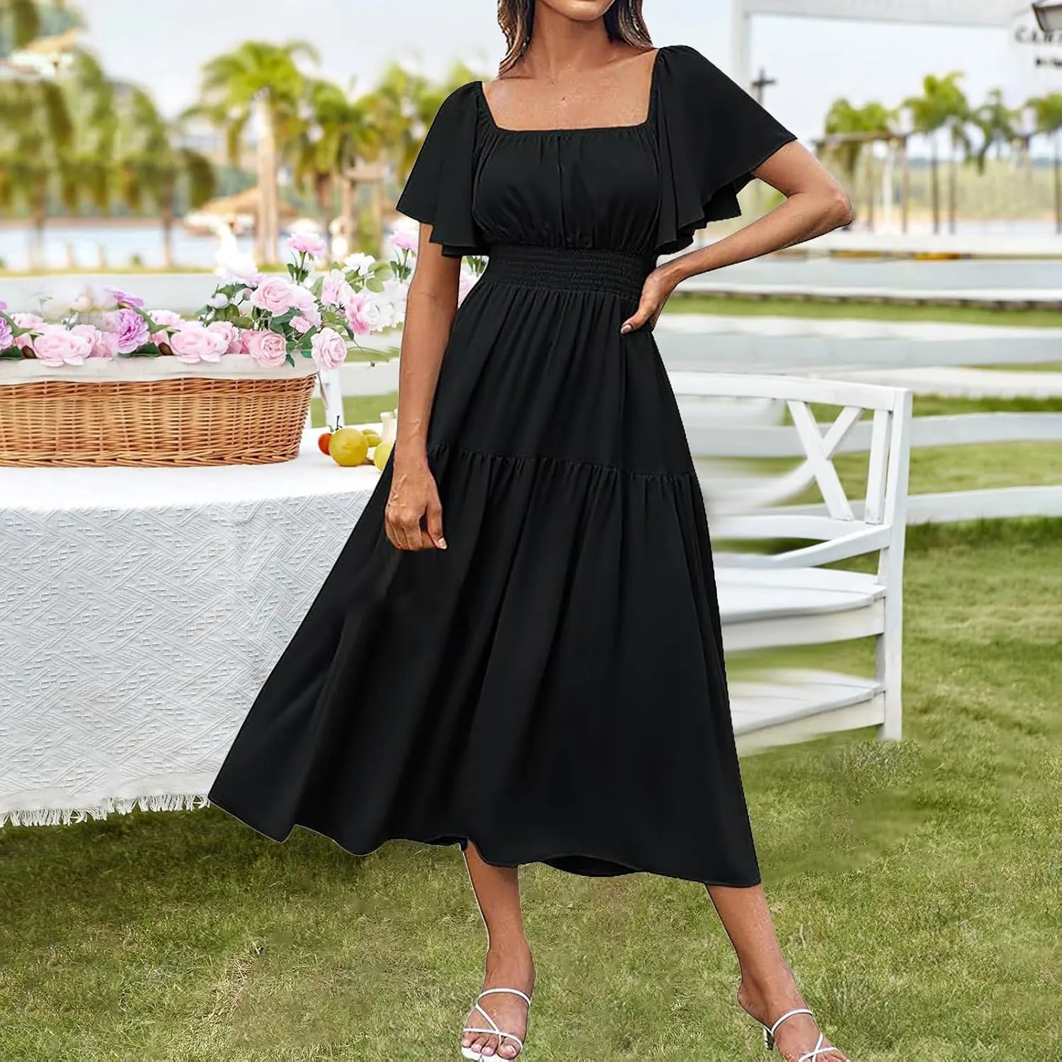 Womens Summer Dresses 2025 Casual Puff Short Sleeve Crewneck Smocked Flowy Ruffle Boho Beach Party Maxi Sundress