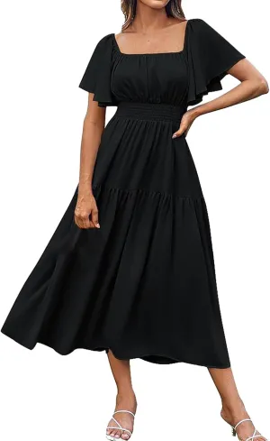 Womens Summer Dresses 2025 Casual Puff Short Sleeve Crewneck Smocked Flowy Ruffle Boho Beach Party Maxi Sundress