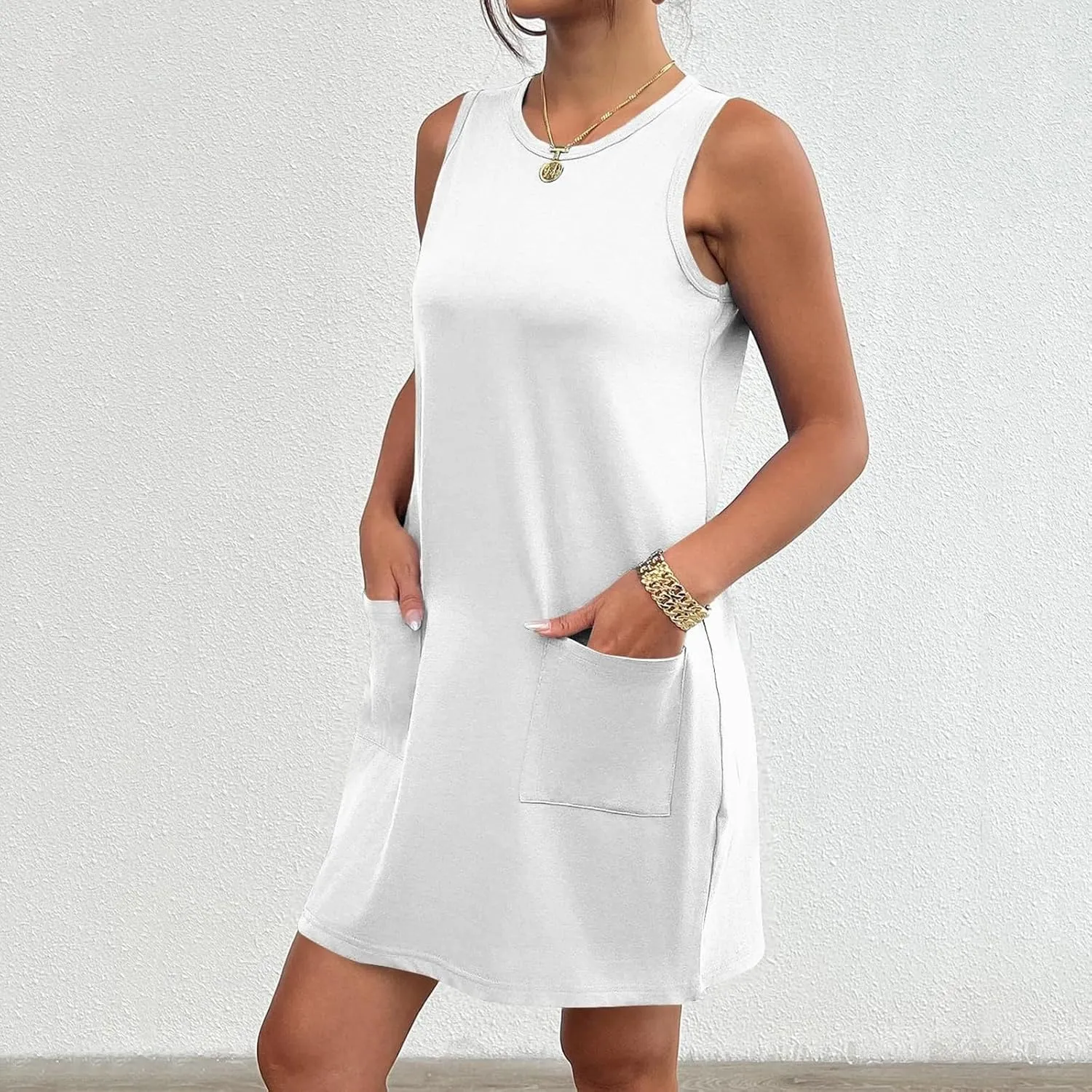 Womens Summer Dresses Casual Beach Sleeveless Dress Vacation Swing Sundresses Crew Neck Tank Dress with Pockets