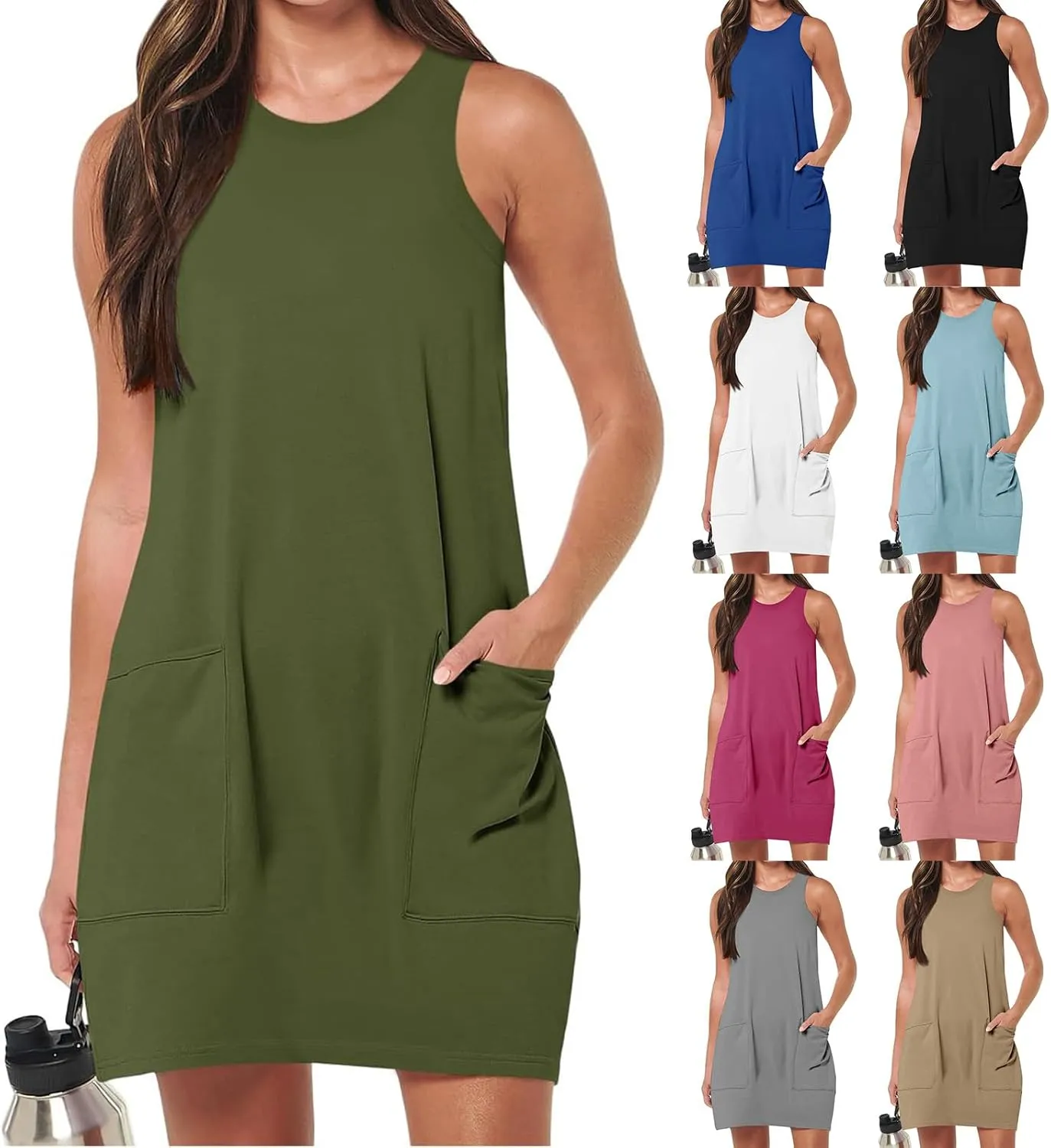 Womens Summer Dresses Casual Beach Sleeveless Dress Vacation Swing Sundresses Crew Neck Tank Dress with Pockets