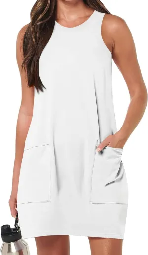 Womens Summer Dresses Casual Beach Sleeveless Dress Vacation Swing Sundresses Crew Neck Tank Dress with Pockets
