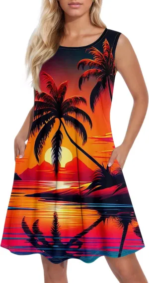 Womens Summer Dresses Sun Dress Short Vacation Dress Sleeveless Tank Dresses Beach Cover Up Vest with Pocket
