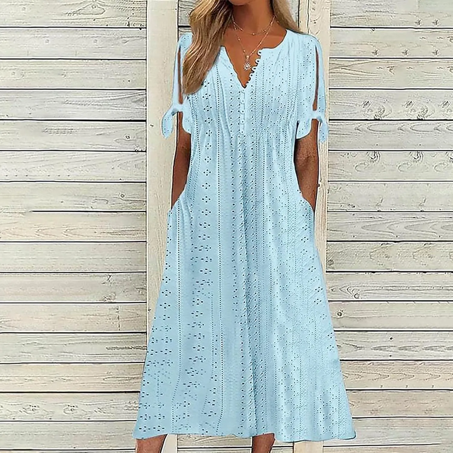 Women's Summer Eyelet Midi Dress Button V Neck Short Sleeve Dresses Solid Flowy Floral Boho Beach Long Sundress