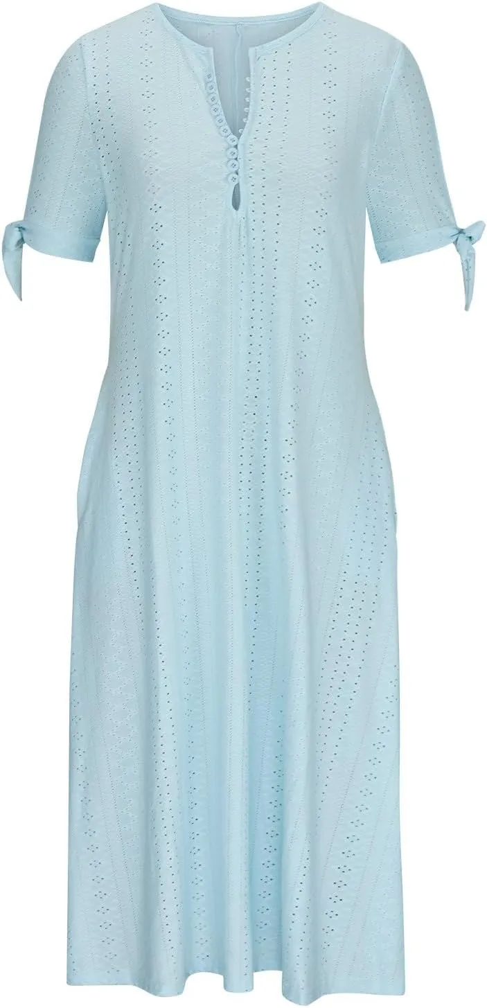 Women's Summer Eyelet Midi Dress Button V Neck Short Sleeve Dresses Solid Flowy Floral Boho Beach Long Sundress
