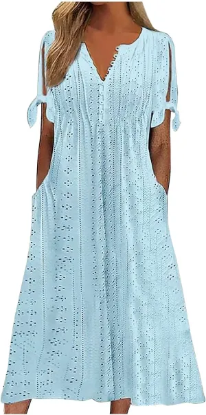 Women's Summer Eyelet Midi Dress Button V Neck Short Sleeve Dresses Solid Flowy Floral Boho Beach Long Sundress