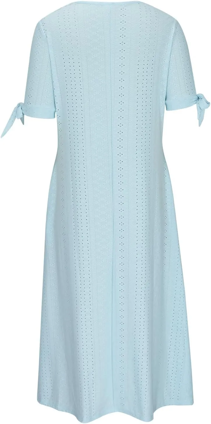 Women's Summer Eyelet Midi Dress Button V Neck Short Sleeve Dresses Solid Flowy Floral Boho Beach Long Sundress