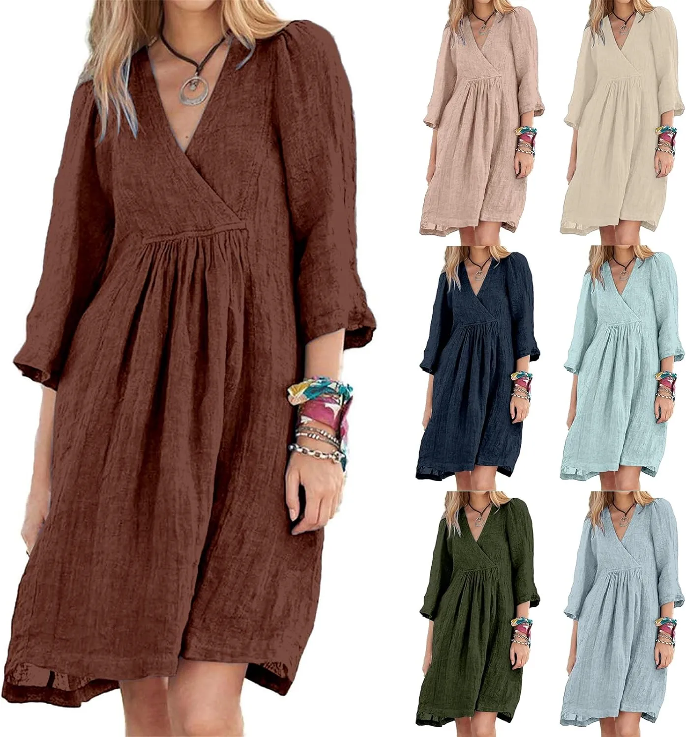Womens Summer Linen Dress V Neck A Line Half Sleeve Dresses Casual Classic Comfort Midi Dress Loose Beach Dresses