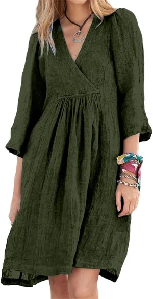 Womens Summer Linen Dress V Neck A Line Half Sleeve Dresses Casual Classic Comfort Midi Dress Loose Beach Dresses