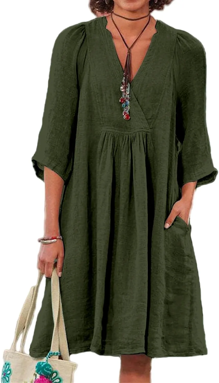 Womens Summer Linen Dress V Neck A Line Half Sleeve Dresses Casual Classic Comfort Midi Dress Loose Beach Dresses