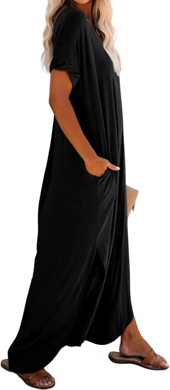 Women's Summer Maxi Dress Short Sleeve Slits Dresses Plus Size Long Maxi Dress Boho Beach Sundress with Pockets