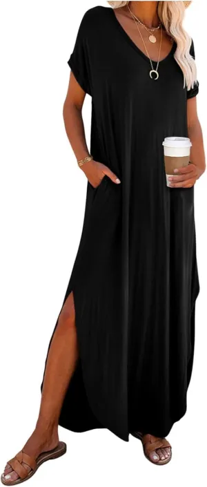 Women's Summer Maxi Dress Short Sleeve Slits Dresses Plus Size Long Maxi Dress Boho Beach Sundress with Pockets