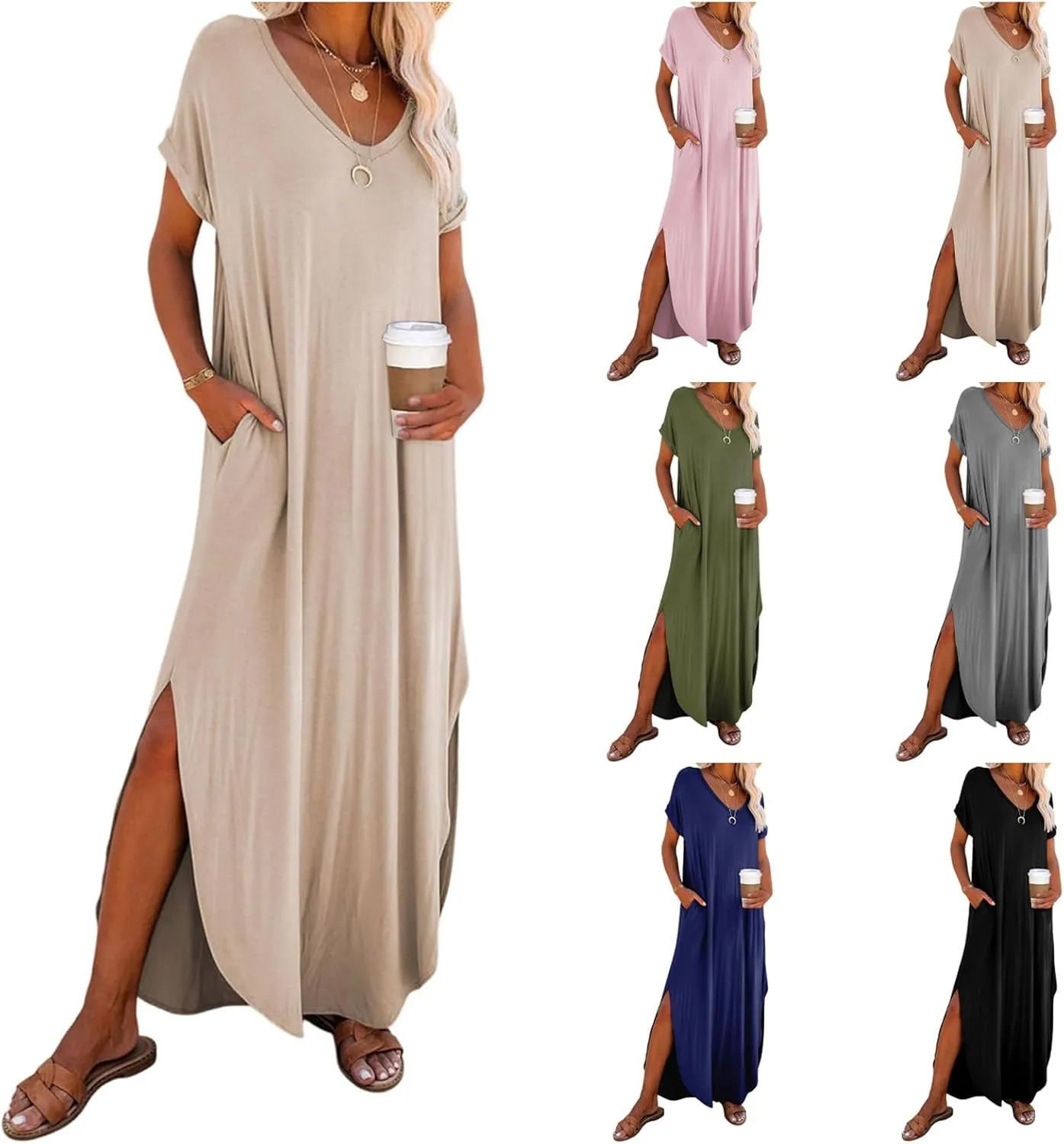 Women's Summer Maxi Dress Short Sleeve Slits Dresses Plus Size Long Maxi Dress Boho Beach Sundress with Pockets