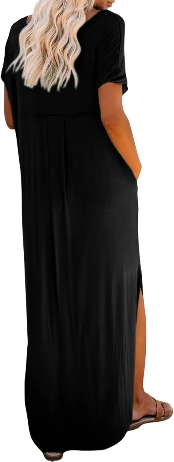 Women's Summer Maxi Dress Short Sleeve Slits Dresses Plus Size Long Maxi Dress Boho Beach Sundress with Pockets