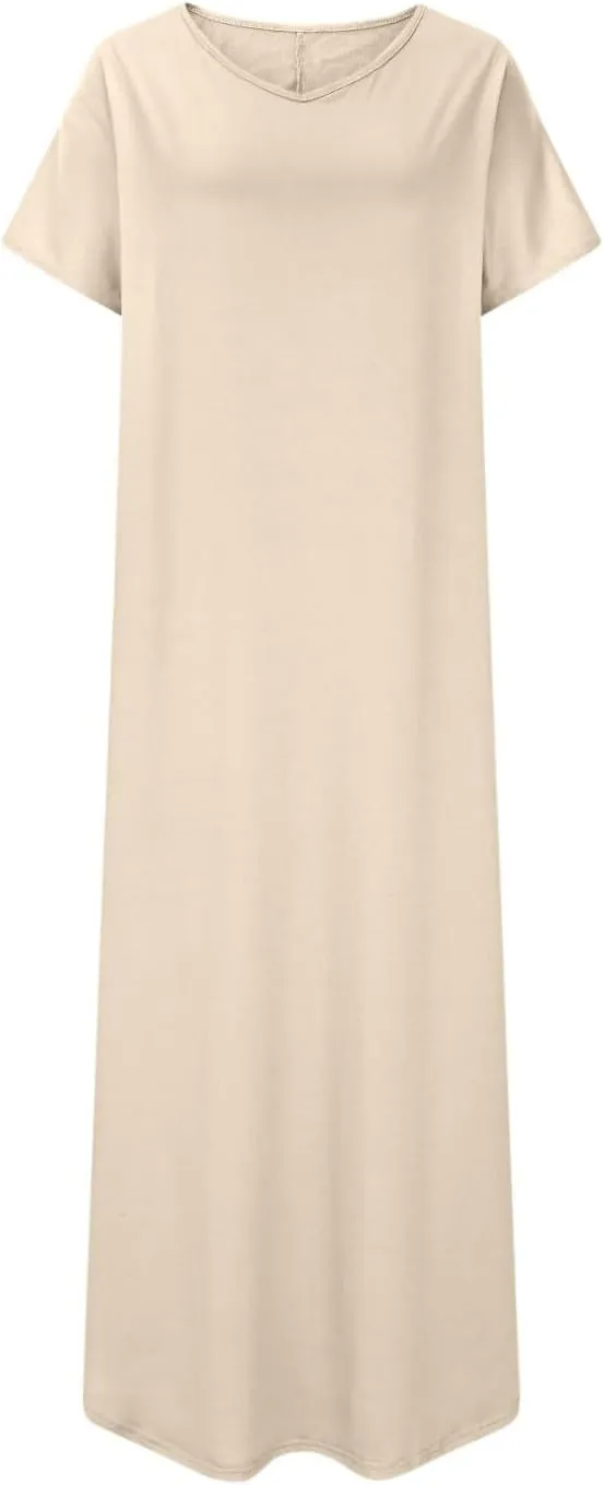 Women's Summer Maxi Dress Short Sleeve V Neck Casual Loose Long Beach Split Dresses with Pockets