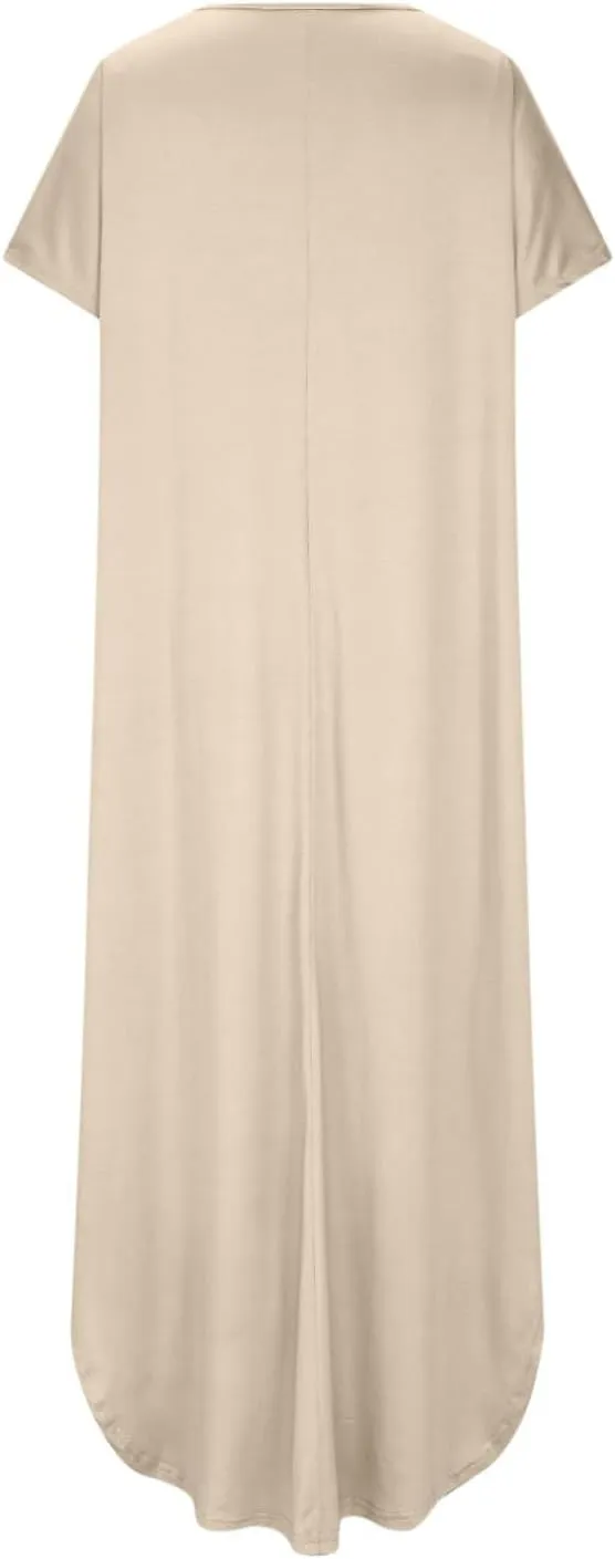 Women's Summer Maxi Dress Short Sleeve V Neck Casual Loose Long Beach Split Dresses with Pockets