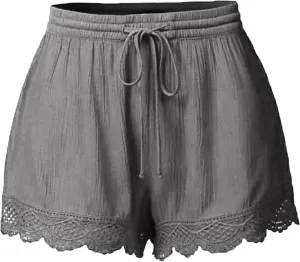 Womens Summer Shorts Casual Dressy Lace Trim Drawstring Elastic Waist Beach Pants Workout Gym Shorts Plus Size.S-5XL