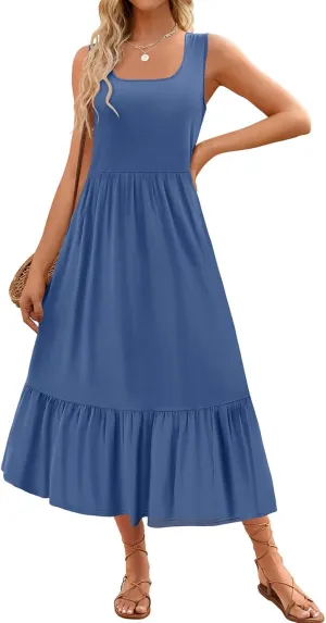 Womens Summer Sundress Crewneck Sleeveless Flowy Tiered Maxi Long Beach Dress Casual Vacation Outfits with Pockets