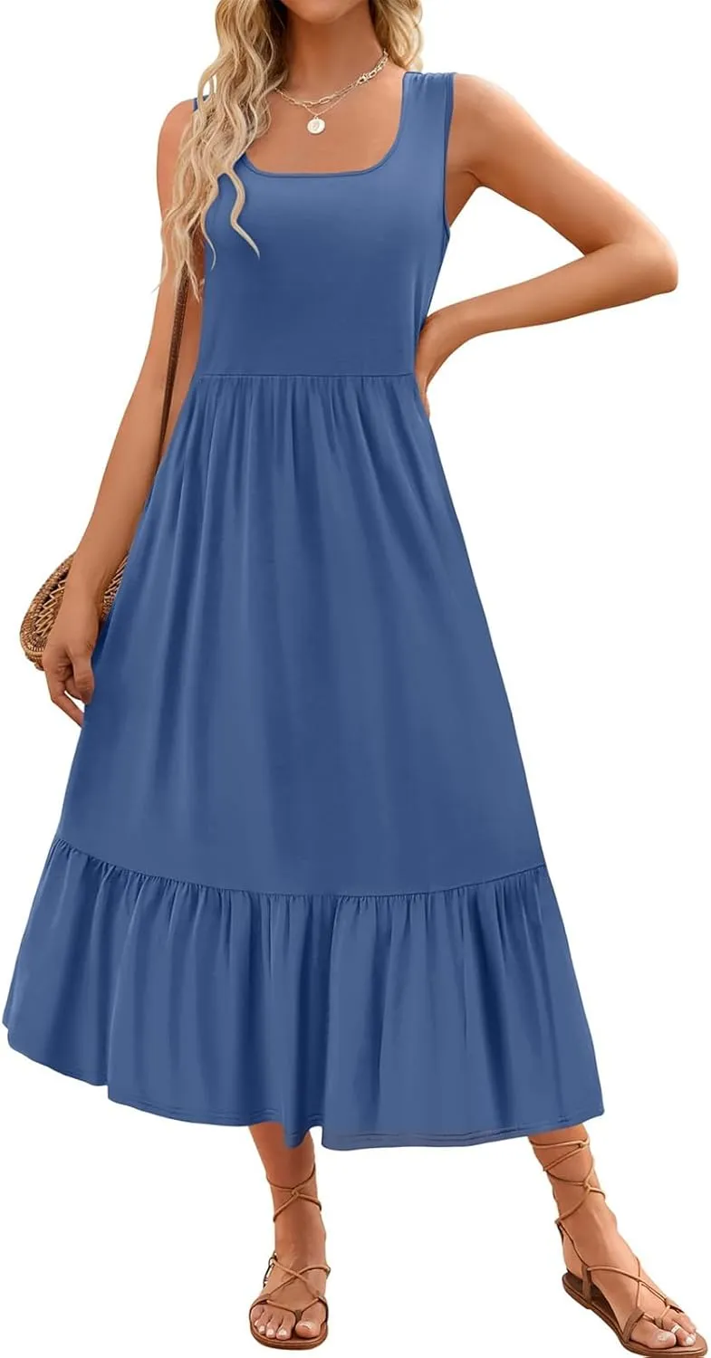 Womens Summer Sundress Crewneck Sleeveless Flowy Tiered Maxi Long Beach Dress Casual Vacation Outfits with Pockets