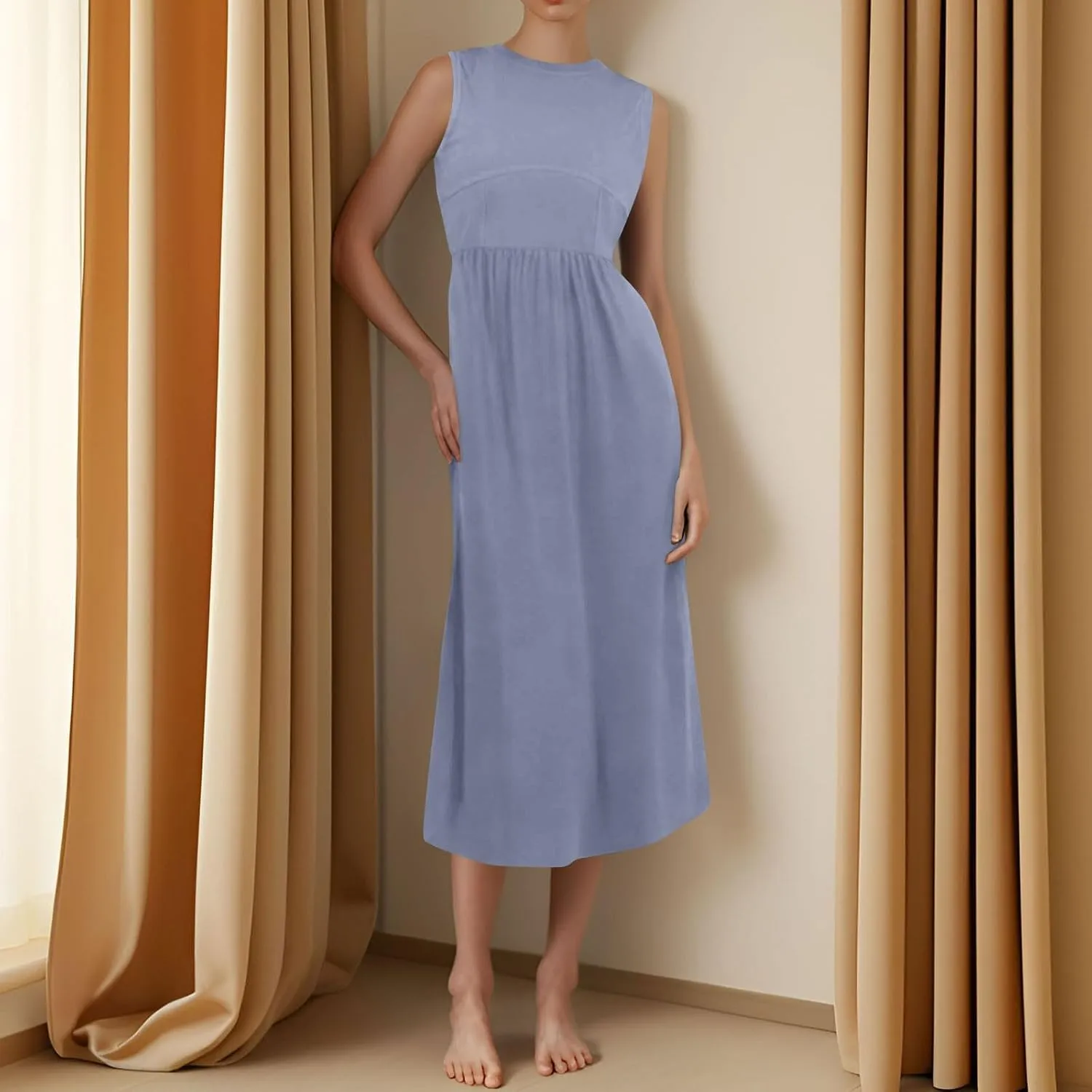 Women's Summer Sundress Pleated Dresses Tank Dress Sleeveless Fashion High Waisted Dresses Smocked Dress with Pockets