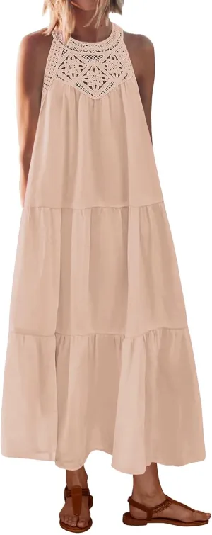 Womens Summer Sundress Sleeveless Crewneck Casual Dress Hollow Out Tiered Swing A Line Mini Dresses Vacation Beach Dress