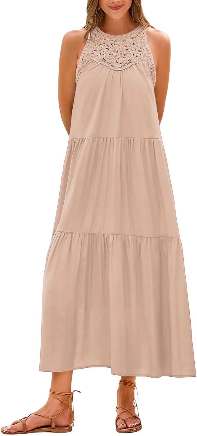 Womens Summer Sundress Sleeveless Crewneck Casual Dress Hollow Out Tiered Swing A Line Mini Dresses Vacation Beach Dress