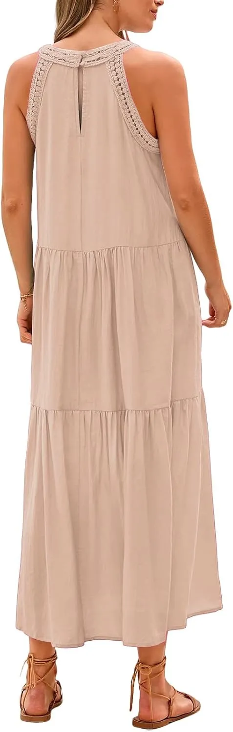 Womens Summer Sundress Sleeveless Crewneck Casual Dress Hollow Out Tiered Swing A Line Mini Dresses Vacation Beach Dress