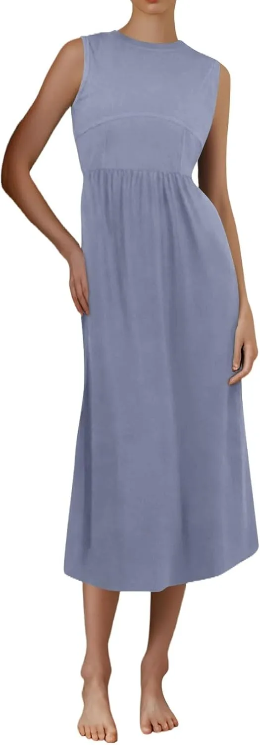Womens Sundress Tank Dress Summer Dress Elegant Empire Waist Wrap Dresses Sleeveless Dressy A Line Dresses with Pocket