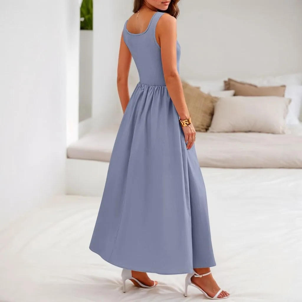 Womens Sundress Tank Dress Summer Dress Elegant Empire Waist Wrap Dresses Sleeveless Dressy A Line Dresses with Pocket