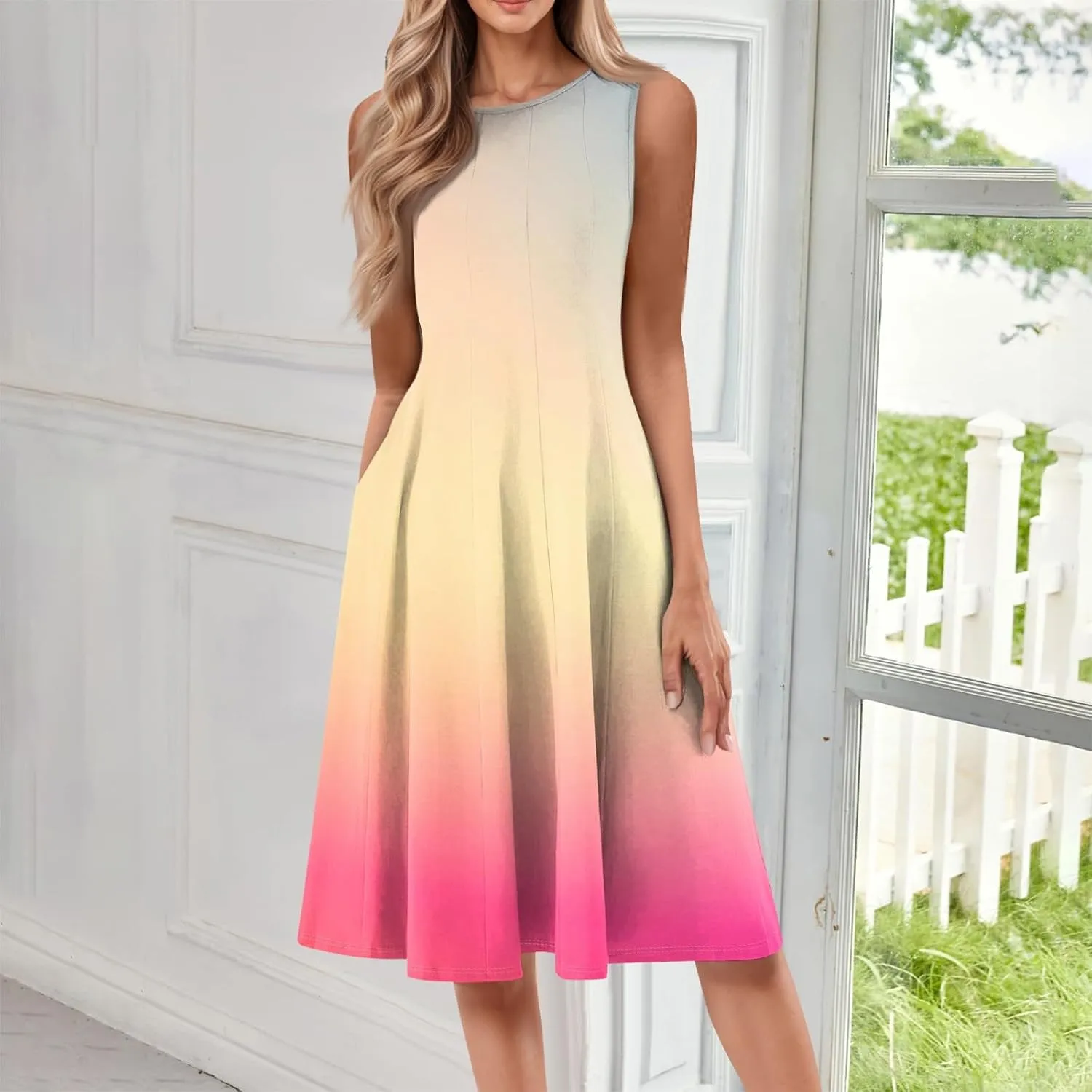 Women's Sundresses Tank Top Dresses Summer Midi Dress Ruched Floral Dress Sleeveless Bohemian A Line Dresses with Pocket