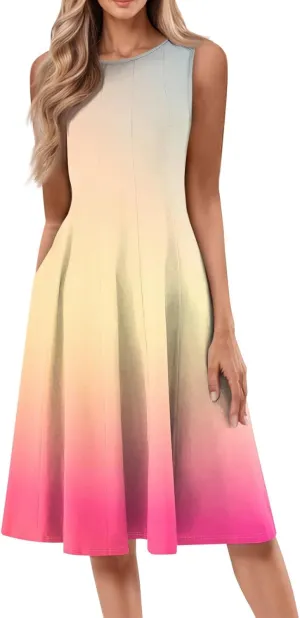 Women's Sundresses Tank Top Dresses Summer Midi Dress Ruched Floral Dress Sleeveless Bohemian A Line Dresses with Pocket