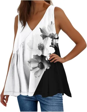 Womens Tank Tops 2025 Summer Dressy Casual V Neck Floral Print Blouses Sleeveless Pleated Trendy Outfits Clothes