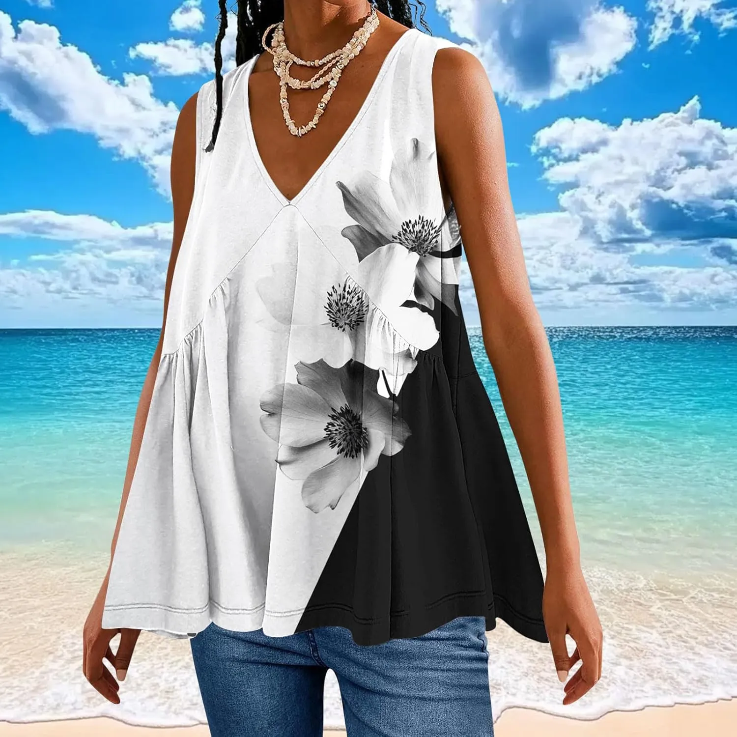 Womens Tank Tops 2025 Summer Dressy Casual V Neck Floral Print Blouses Sleeveless Pleated Trendy Outfits Clothes