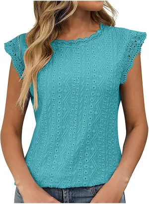 Womens Tank Tops Dressy Casual Eyelet Sleeveless Patchwork Lace Shirt Crewneck Hollow Out Fashion Summer Tank Top
