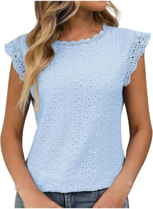 Womens Tops Casual Fashion Crew Neck Solid Color Lace Sleeveless Camisole Summer Vacation Beach 2025 Dressy Tank Top
