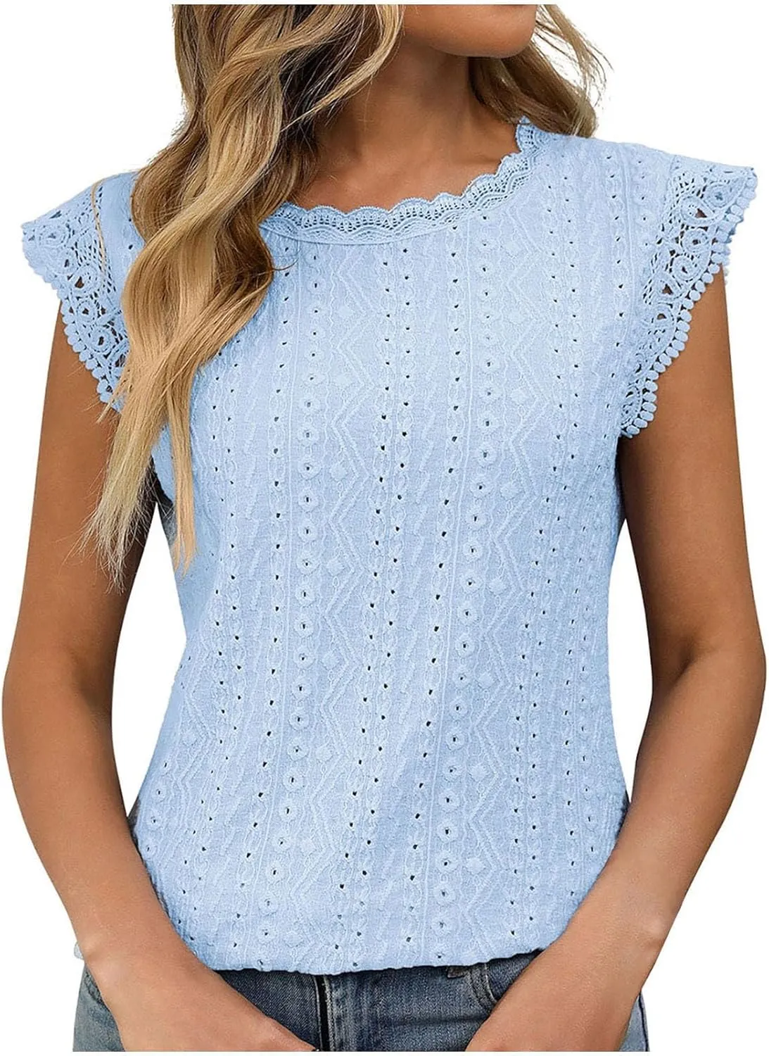 Womens Tops Casual Fashion Crew Neck Solid Color Lace Sleeveless Camisole Summer Vacation Beach 2025 Dressy Tank Top