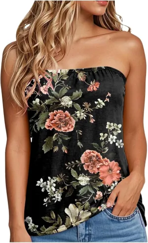 Womens Tube Tops Summer Strapless Bandeau Tank Casual Loose Tunic Sleeveless Shirts Off The Shoulder Flowy Blouses