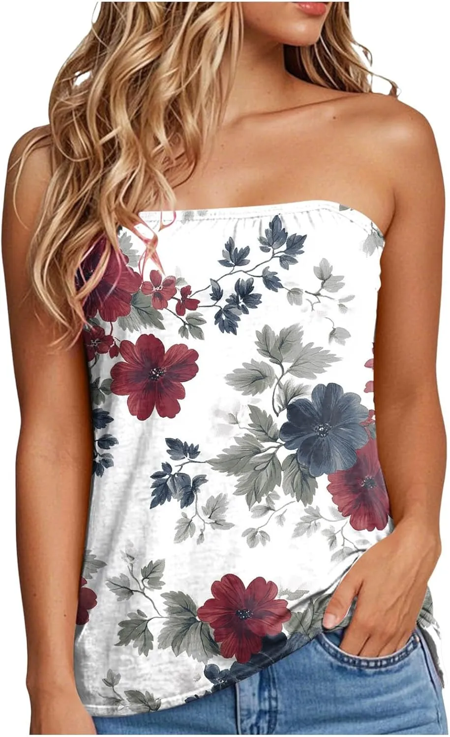 Womens Tube Tops Summer Strapless Bandeau Tank Casual Loose Tunic Sleeveless Shirts Off The Shoulder Flowy Blouses