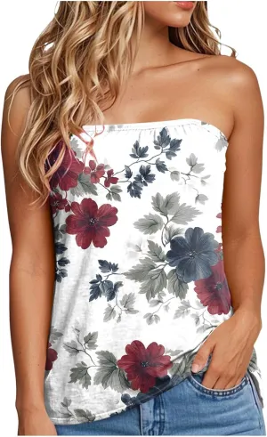 Womens Tube Tops Summer Strapless Bandeau Tank Casual Loose Tunic Sleeveless Shirts Off The Shoulder Flowy Blouses