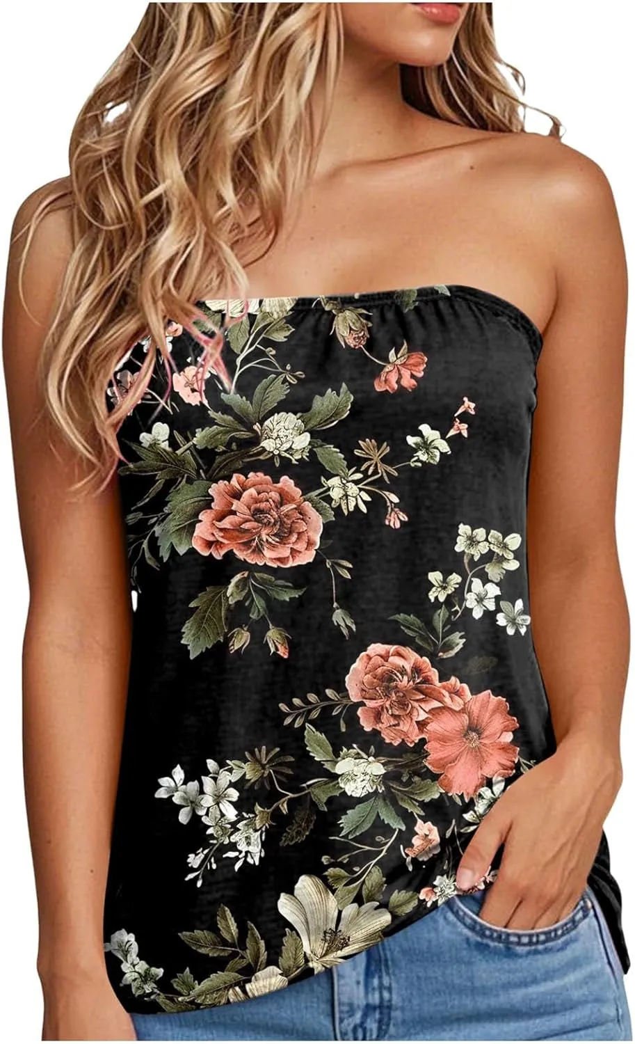 Womens Tube Tops Summer Strapless Bandeau Tank Casual Loose Tunic Sleeveless Shirts Off The Shoulder Flowy Blouses