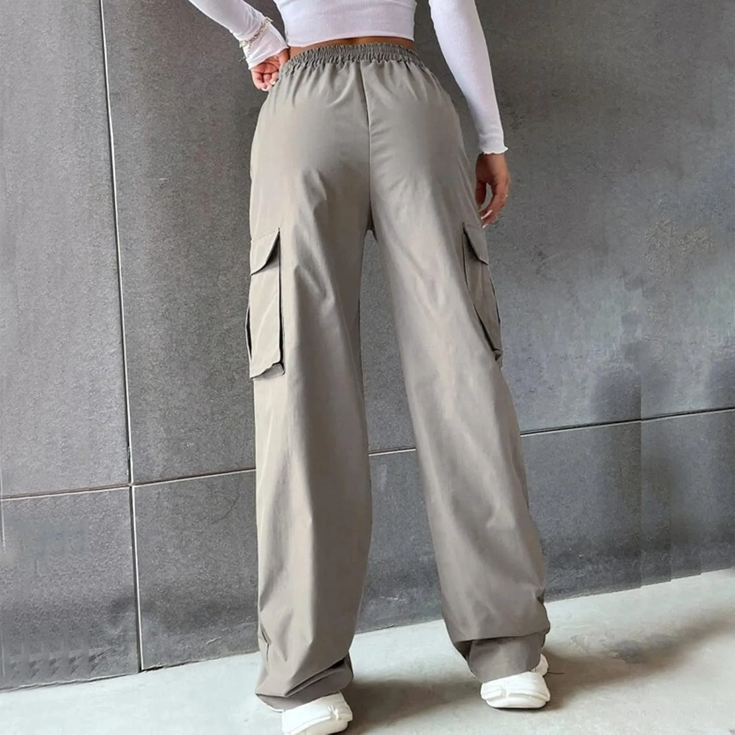 Women's Wide Leg Cargo Pants Plus Size Loose Elastic High Waisted Straight Leg Pants Y2k Loose Solid Lounge Trousers