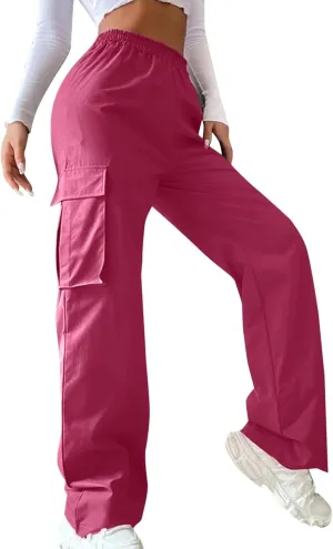 Women's Wide Leg Cargo Pants Plus Size Loose Elastic High Waisted Straight Leg Pants Y2k Loose Solid Lounge Trousers