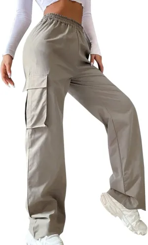 Women's Wide Leg Cargo Pants Plus Size Loose Elastic High Waisted Straight Leg Pants Y2k Loose Solid Lounge Trousers